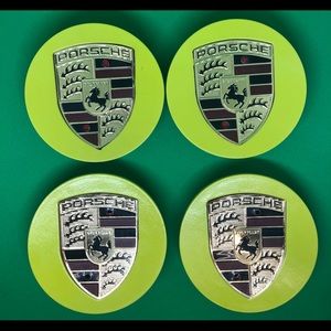 4 Porsche center cap logo emblem 76mm yellow